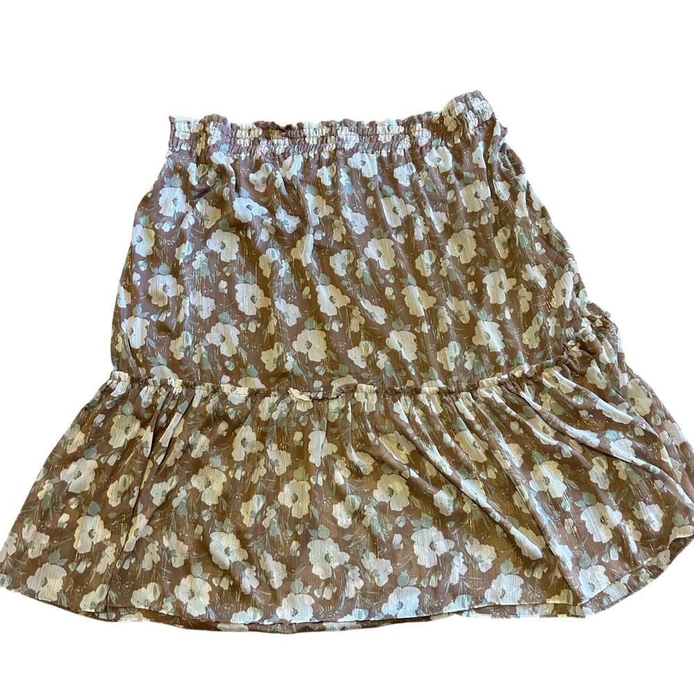 Lauren Conrad NWT Midi Peasant Skirt 4X Brown Floral Gold Streak Lined Elastic